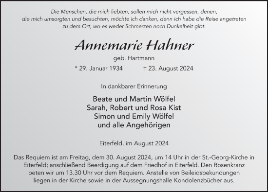 Traueranzeige von Annemarie Hahner von FZ
