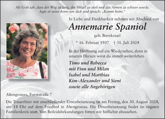 Traueranzeige von Annemarie Spaniol von FZ