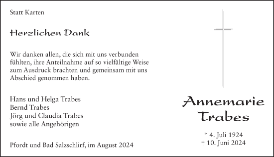 Traueranzeige von Annemarie Trabes von FZ