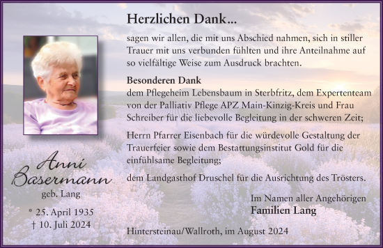 Traueranzeige von Anni Basermann von FZ