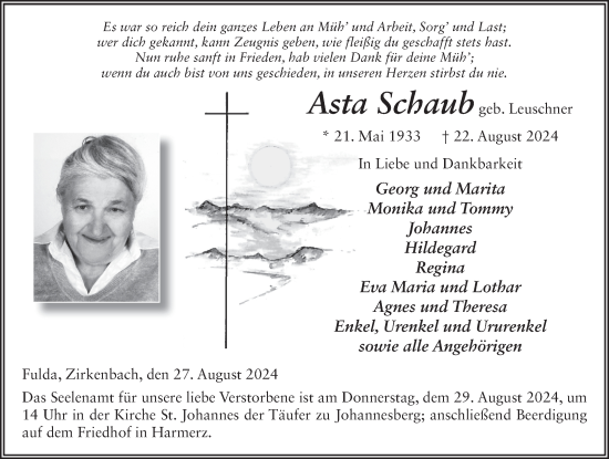Traueranzeige von Asta Schaub von FZ