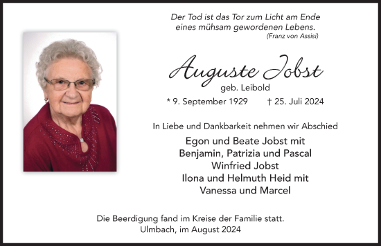 Traueranzeige von Auguste Jobst von FZ