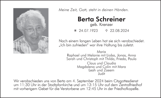Traueranzeige von Berta Schreiner von FZ