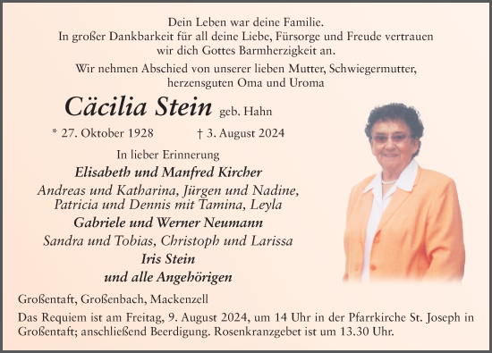 Traueranzeige von Cäcilia Stein von FZ
