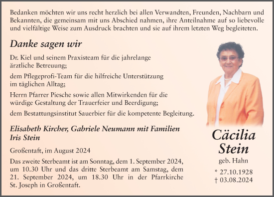 Traueranzeige von Cäcilia Stein von FZ