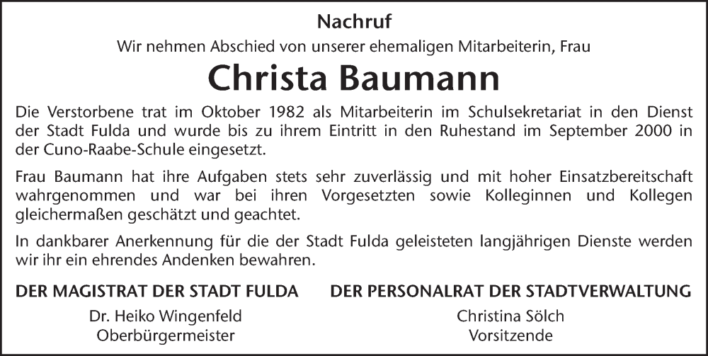  Traueranzeige für Christa Baumann vom 07.08.2024 aus FZ