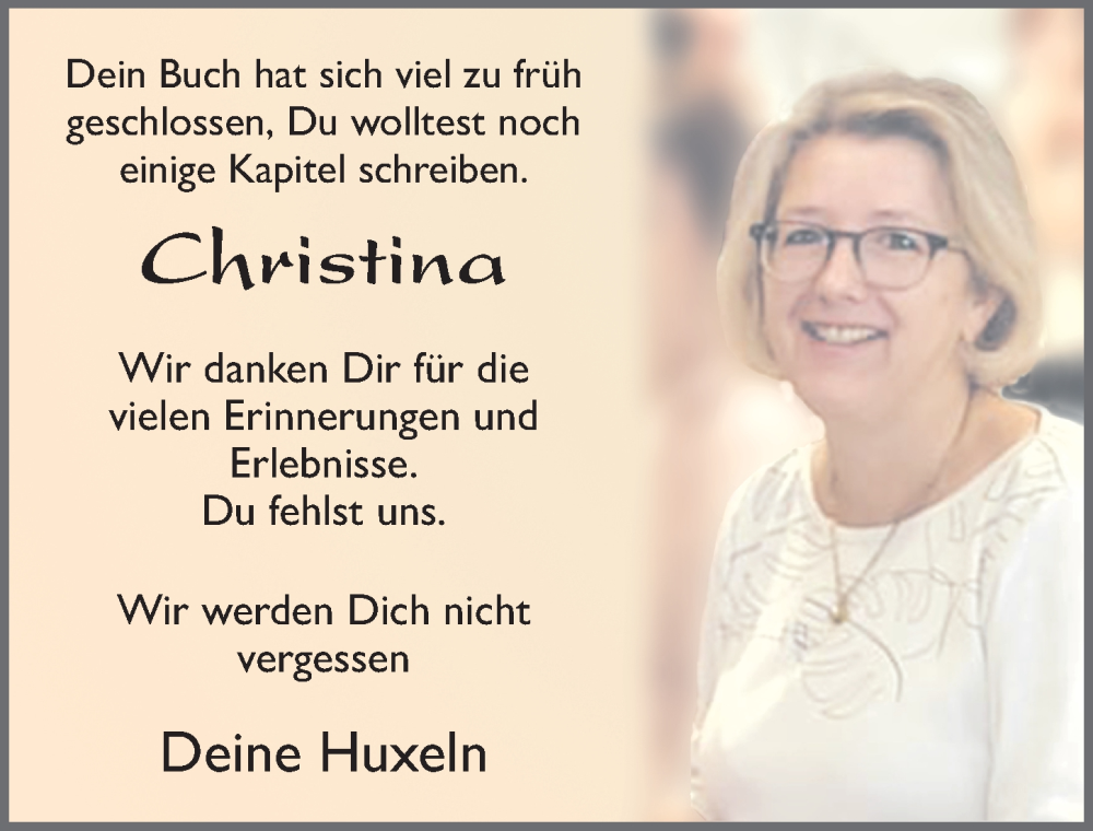  Traueranzeige für Christina Schulze vom 17.08.2024 aus FZ