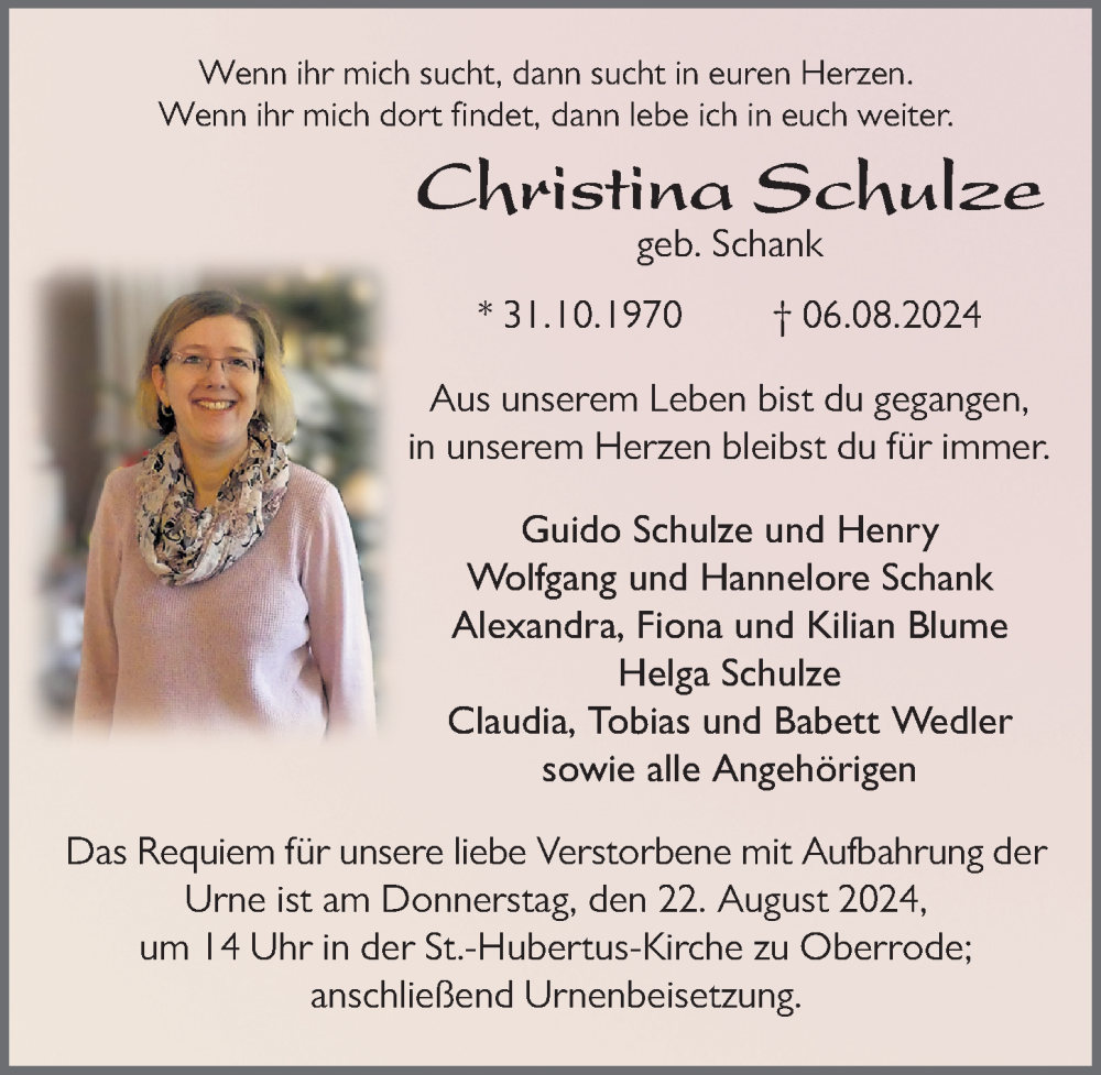  Traueranzeige für Christina Schulze vom 17.08.2024 aus FZ