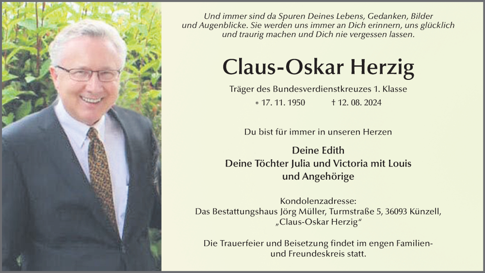  Traueranzeige für Claus-Oskar Herzig vom 21.08.2024 aus FZ