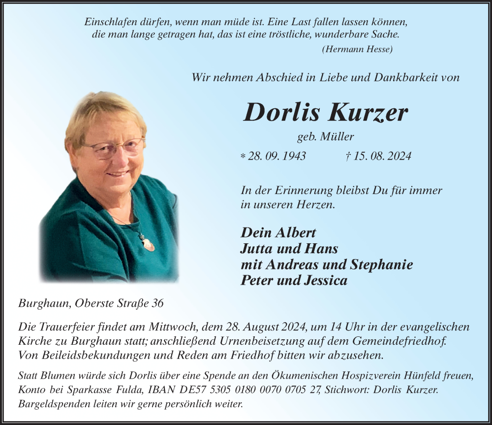  Traueranzeige für Dorlis Kurzer vom 23.08.2024 aus FZ