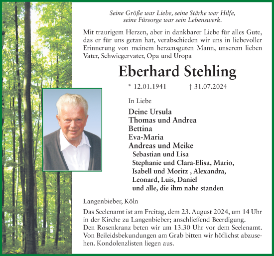 Traueranzeige von Eberhard Stehling von FZ