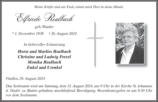 Traueranzeige von Elfriede Reulbach von FZ