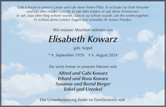 Traueranzeige von Elisabeth Kowarz von FZ