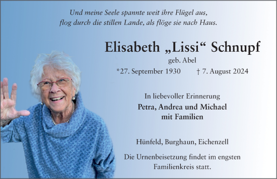 Traueranzeige von Elisabeth Schnupf von FZ