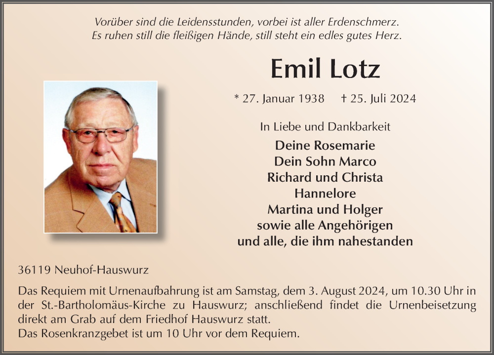  Traueranzeige für Emil Lotz vom 01.08.2024 aus FZ