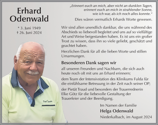 Traueranzeige von Erhard Odenwald von FZ