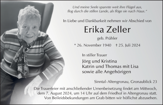 Traueranzeige von Erika Zeller von FZ
