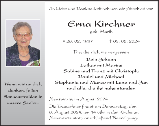 Traueranzeige von Erna Kirchner von FZ
