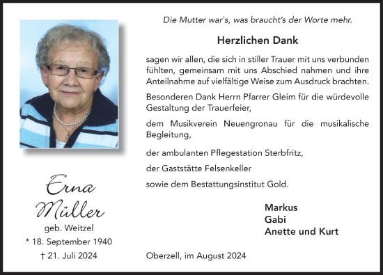 Traueranzeige von Erna Müller von FZ