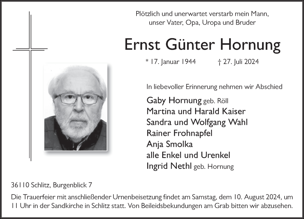  Traueranzeige für Ernst Günter Hornung vom 08.08.2024 aus FZ