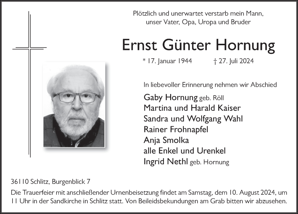  Traueranzeige für Ernst Günter Hornung vom 08.08.2024 aus FZ