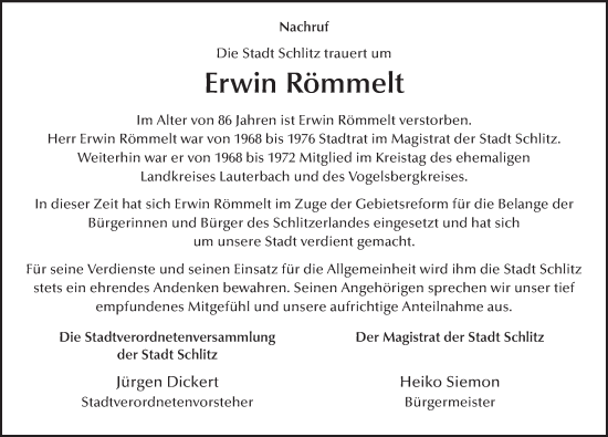 Traueranzeige von Erwin Römmelt von FZ