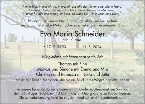 Traueranzeige von Eva Maria Schneider von FZ