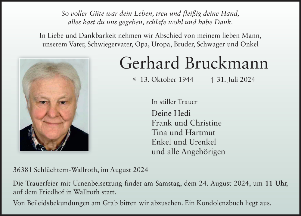  Traueranzeige für Gerhard Bruckmann vom 17.08.2024 aus FZ