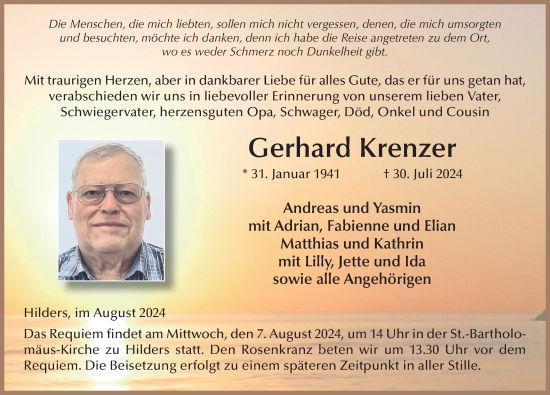 Traueranzeige von Gerhard Krenzer von FZ