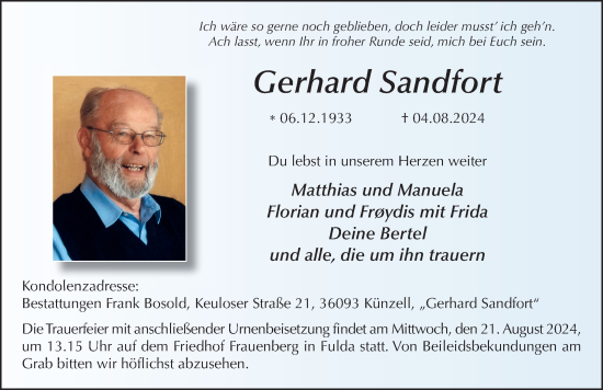 Traueranzeige von Gerhard Sandfort von FZ