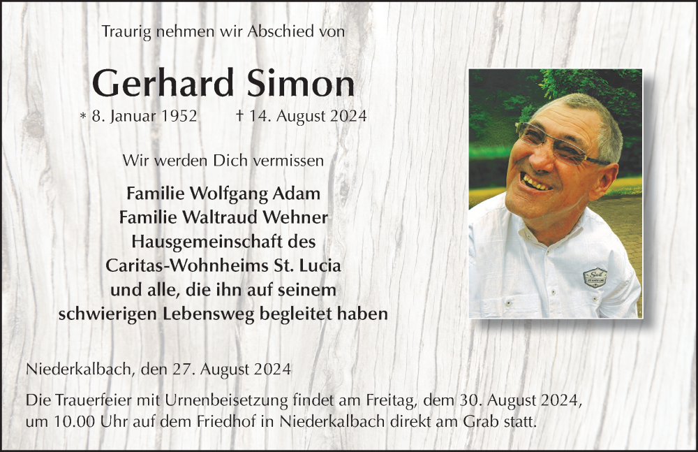  Traueranzeige für Gerhard Simon vom 27.08.2024 aus FZ