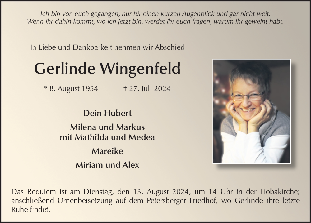  Traueranzeige für Gerlinde Wingenfeld vom 10.08.2024 aus FZ