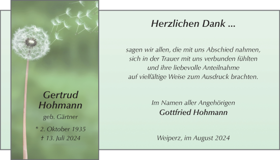 Traueranzeige von Gertrud Hohmann von FZ