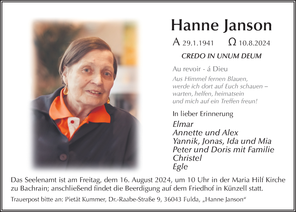 Traueranzeige für Hanne Janson vom 14.08.2024 aus FZ