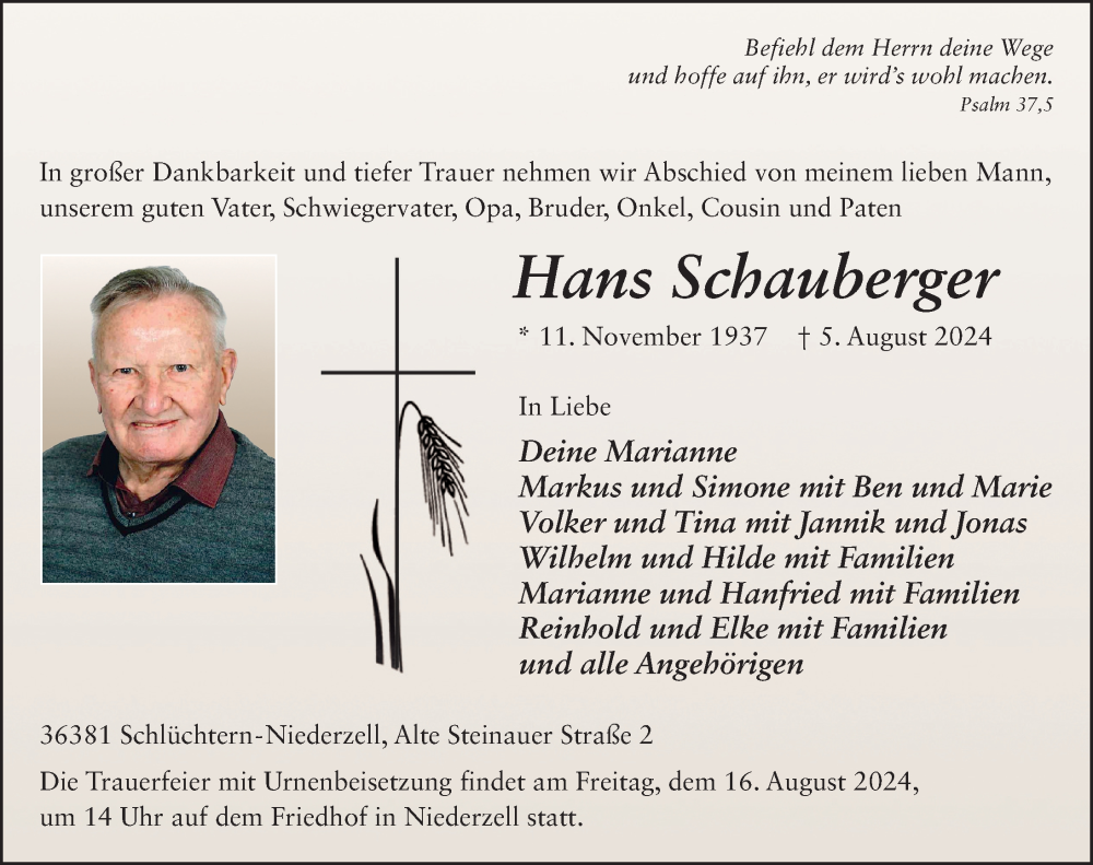  Traueranzeige für Hans Schauberger vom 10.08.2024 aus FZ