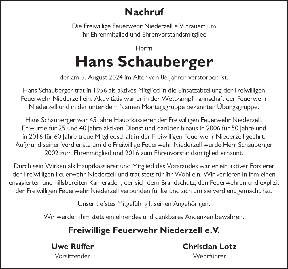  Traueranzeige für Hans Schauberger vom 10.08.2024 aus FZ