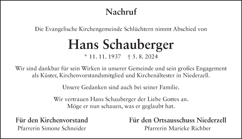  Traueranzeige für Hans Schauberger vom 10.08.2024 aus FZ