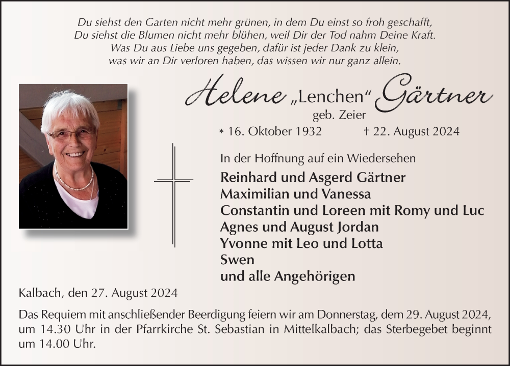  Traueranzeige für Helene Gärtner vom 27.08.2024 aus FZ