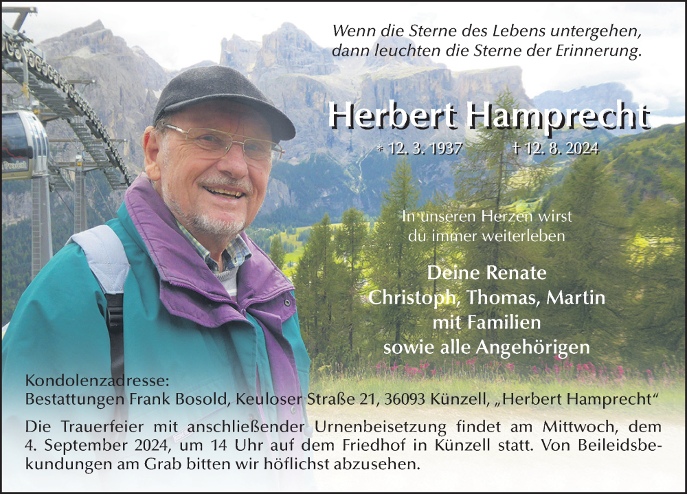  Traueranzeige für Herbert Hamprecht vom 31.08.2024 aus FZ