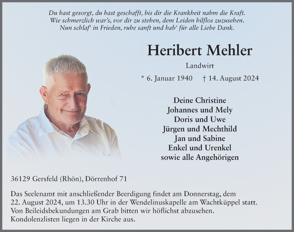 Traueranzeige für Heribert Mehler vom 19.08.2024 aus FZ
