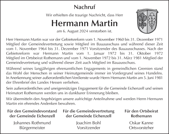 Traueranzeige von Hermann Martin von FZ