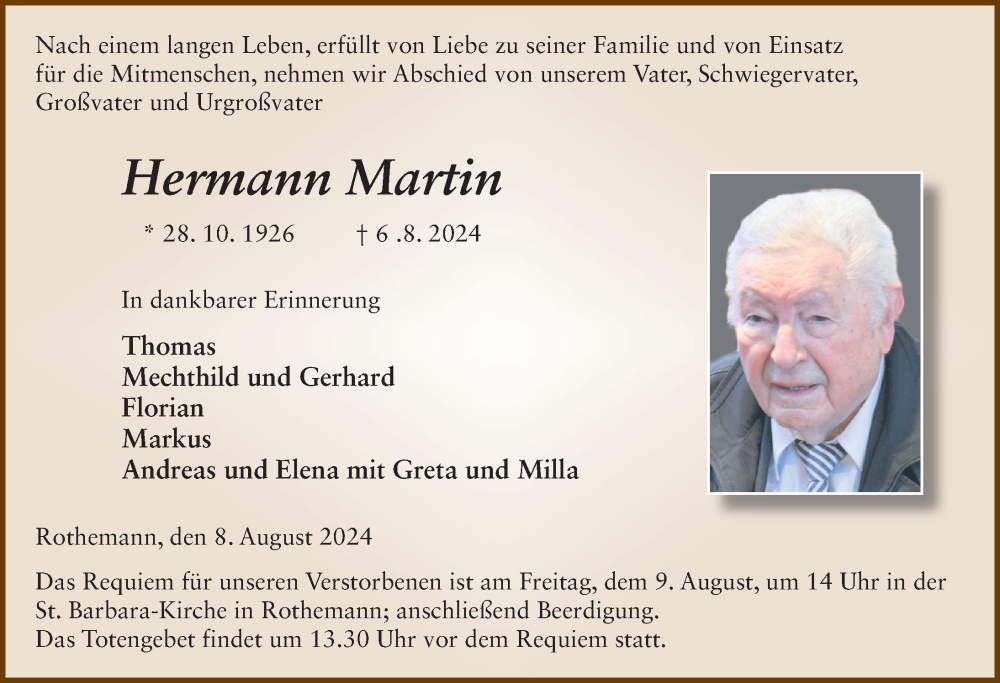  Traueranzeige für Hermann Martin vom 08.08.2024 aus FZ