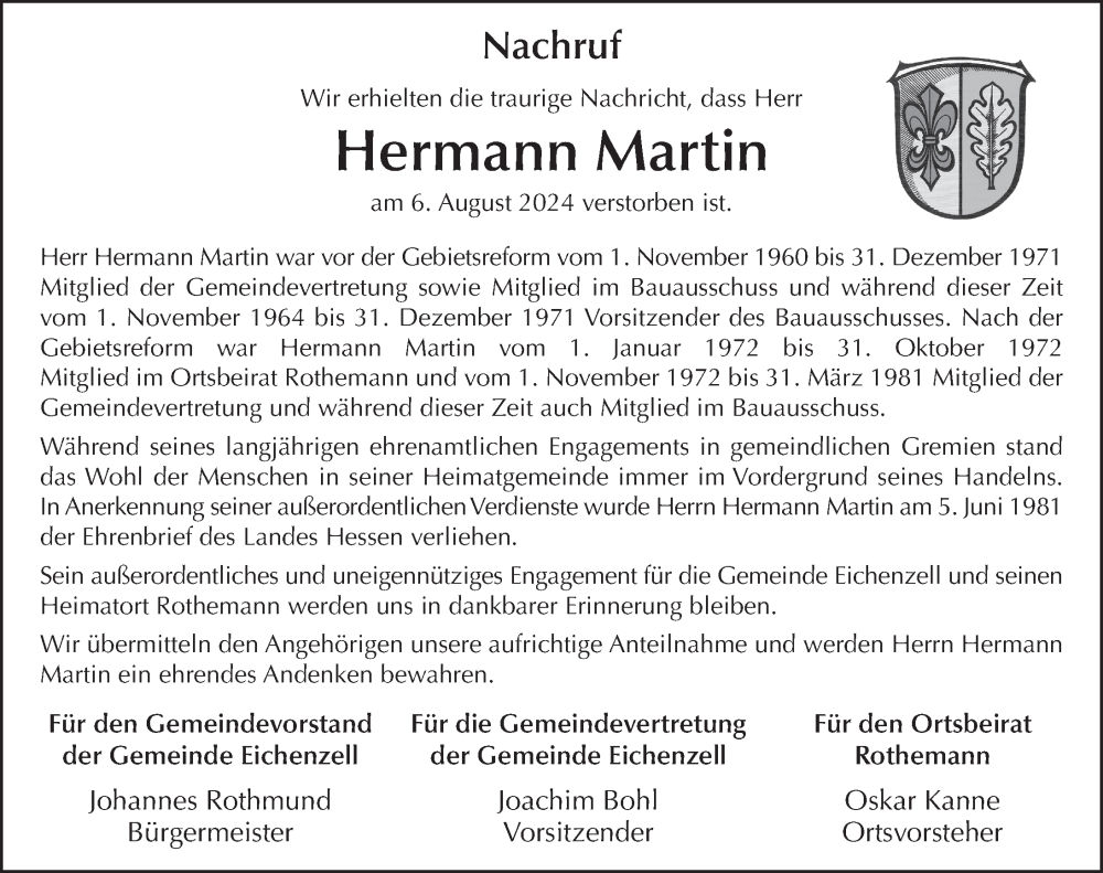  Traueranzeige für Hermann Martin vom 08.08.2024 aus FZ