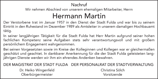 Traueranzeige von Hermann Martin von FZ