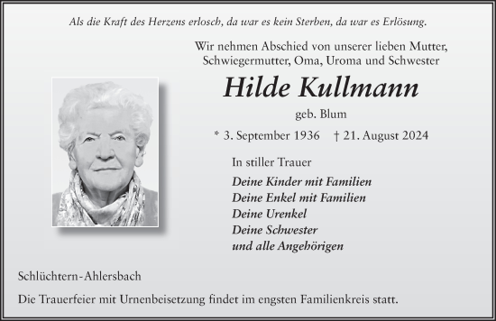 Traueranzeige von Hilde Kullmann von FZ