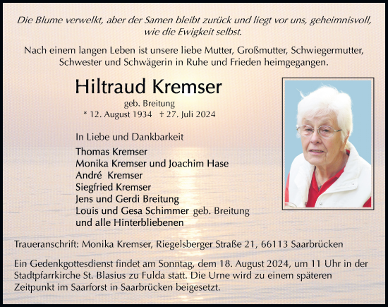 Traueranzeige von Hiltraud Kremser von FZ