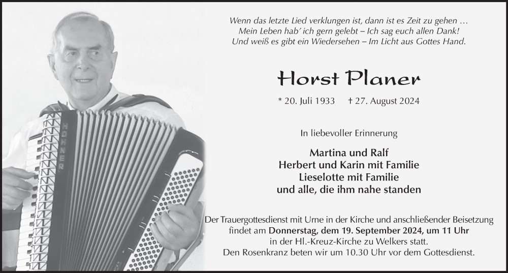  Traueranzeige für Horst Planer vom 31.08.2024 aus FZ