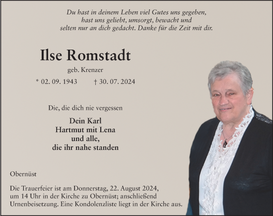 Traueranzeige von Ilse Romstadt von FZ