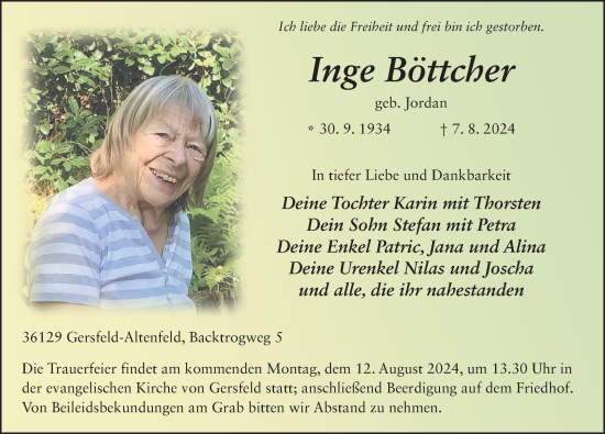 Traueranzeige von Inge Böttcher von FZ