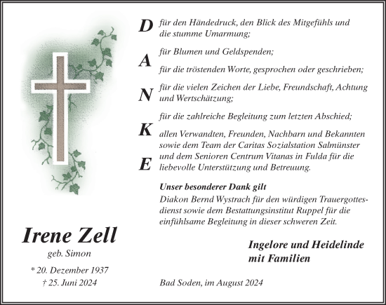 Traueranzeige von Irene Zell von FZ